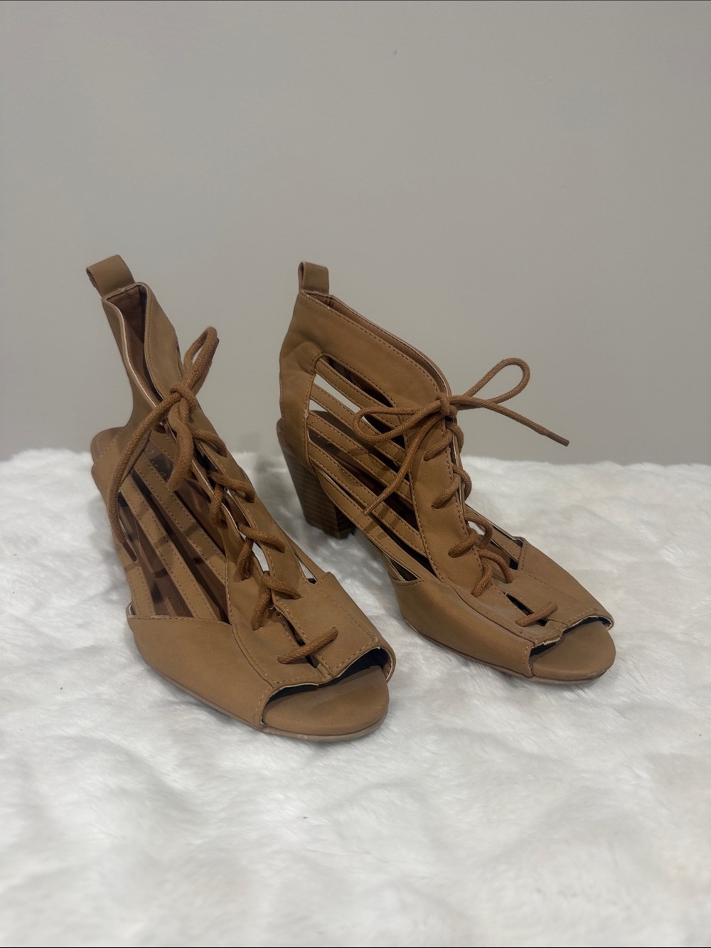 Qupid Tan Lace-Up Cutout Peep Toe Block Heels
